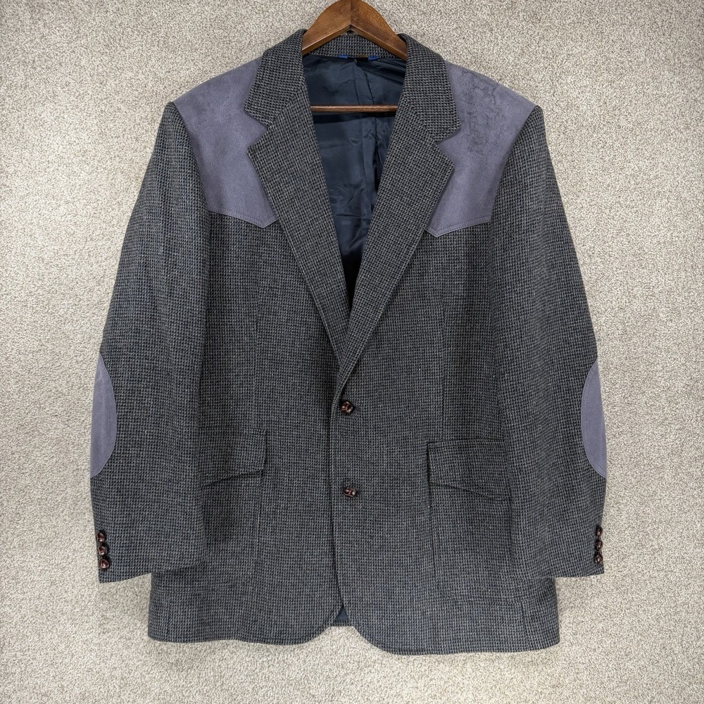 VTG Pendleton Blazer Men 44L Blue Grey Wool Tweed Western Suede Yoke Patches USA